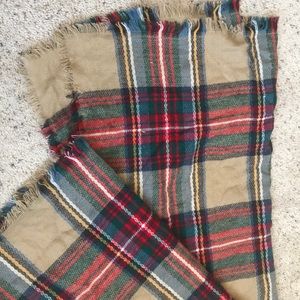 Blanket scarf plaid tan red green blue white